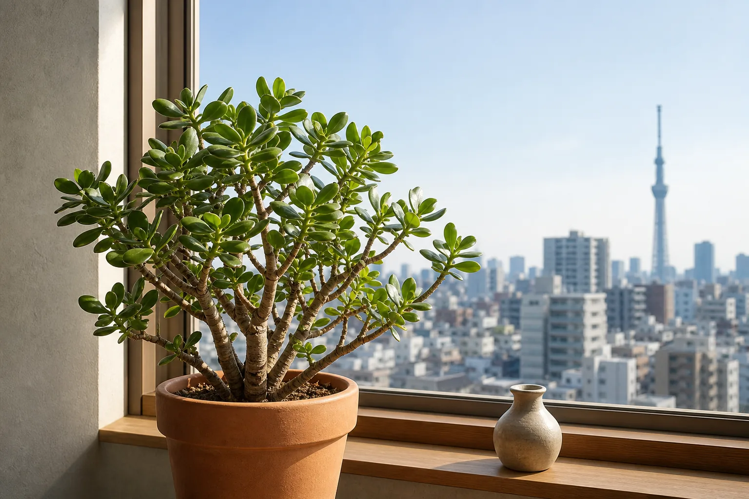 Jade plant Crassula ovata growing beside a sunny window in Tokyo