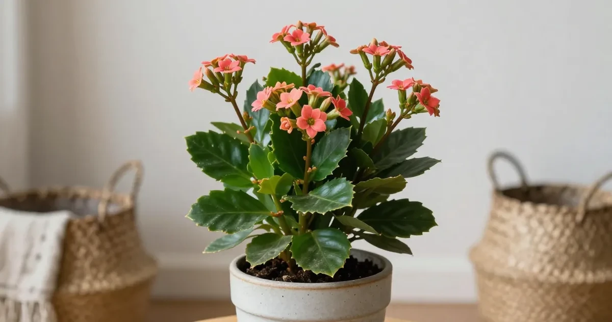 Kalanchoe plant in bloom with clusters of orange flowers on a bright windowsill