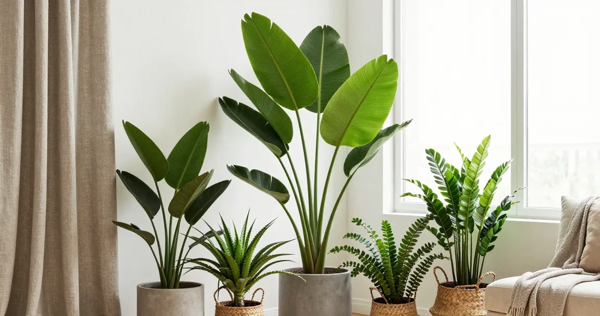 Large indoor plants in a dim living room corner