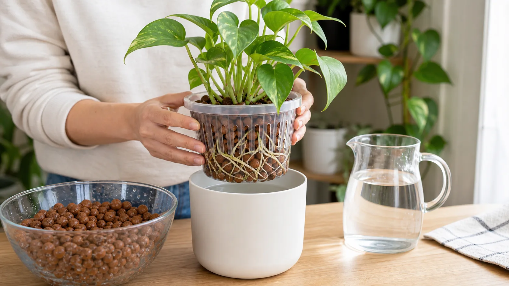 Healthy pothos growing in rinsed LECA beside a clear reservoir and nutrient water