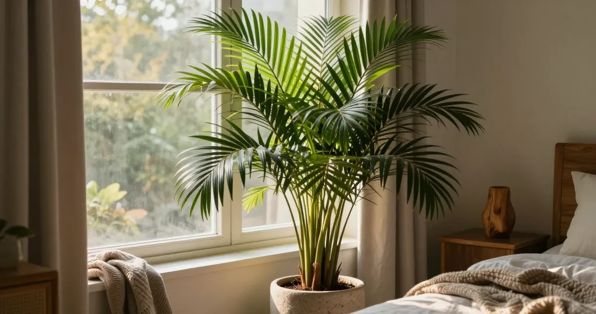 Majesty palm indoors near a bright window with green arching fronds
