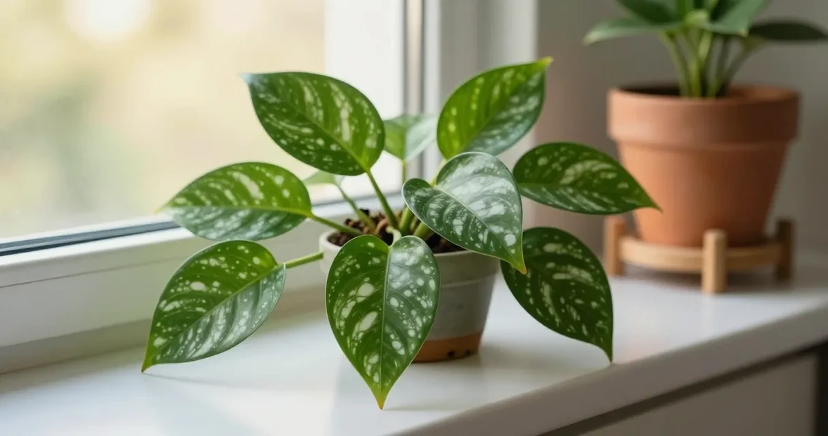 Marble Queen Pothos with creamy white and green variegated leaves trailing over a shelf