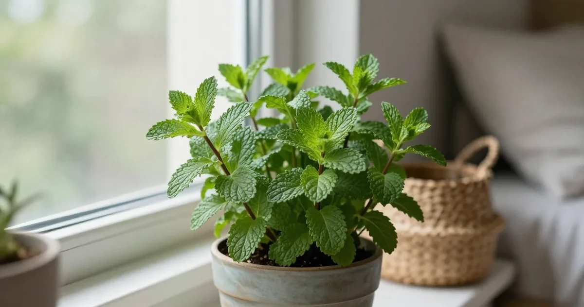 Mint plant growing in a wide pot on a bright sunny windowsill