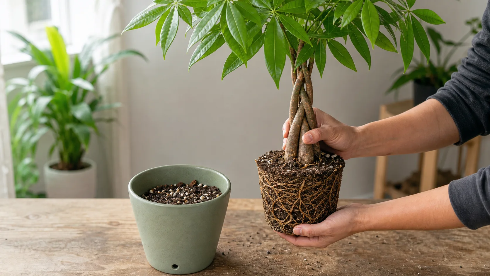 Braided money tree ready for repotting beside fresh potting mix and a pot one size larger