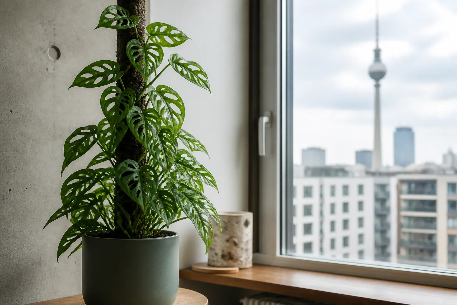 Monstera adansonii climbing beside a bright filtered window in Berlin