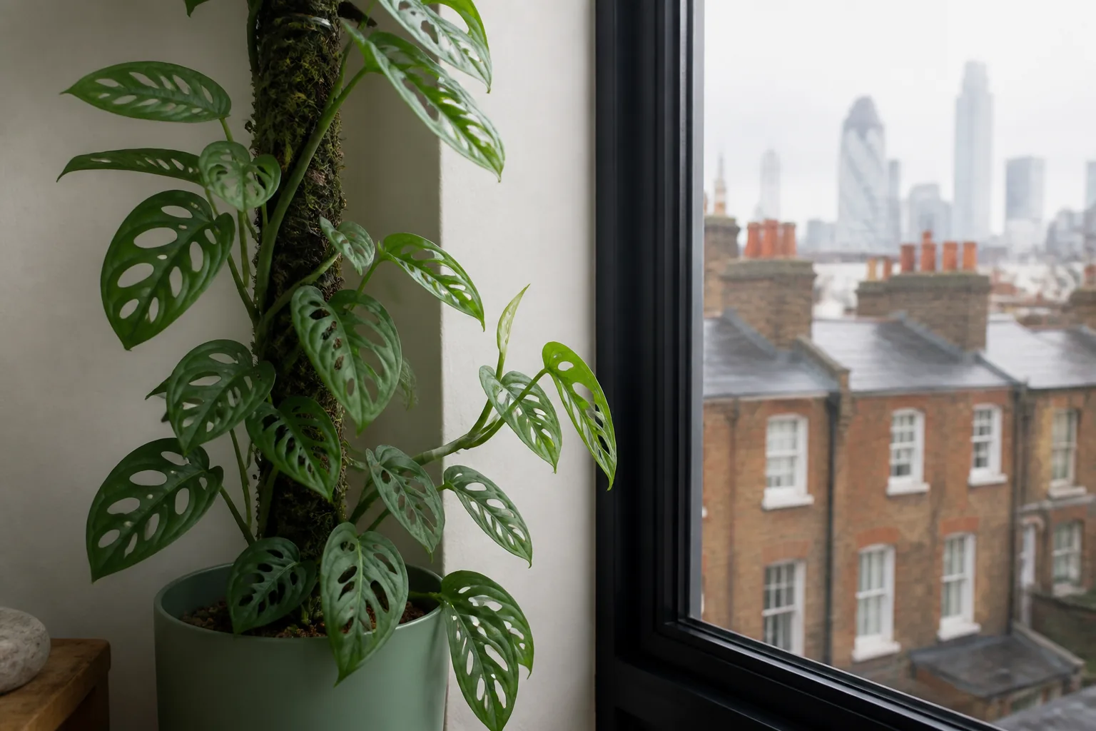 Monstera adansonii climbing beside a bright filtered window in London