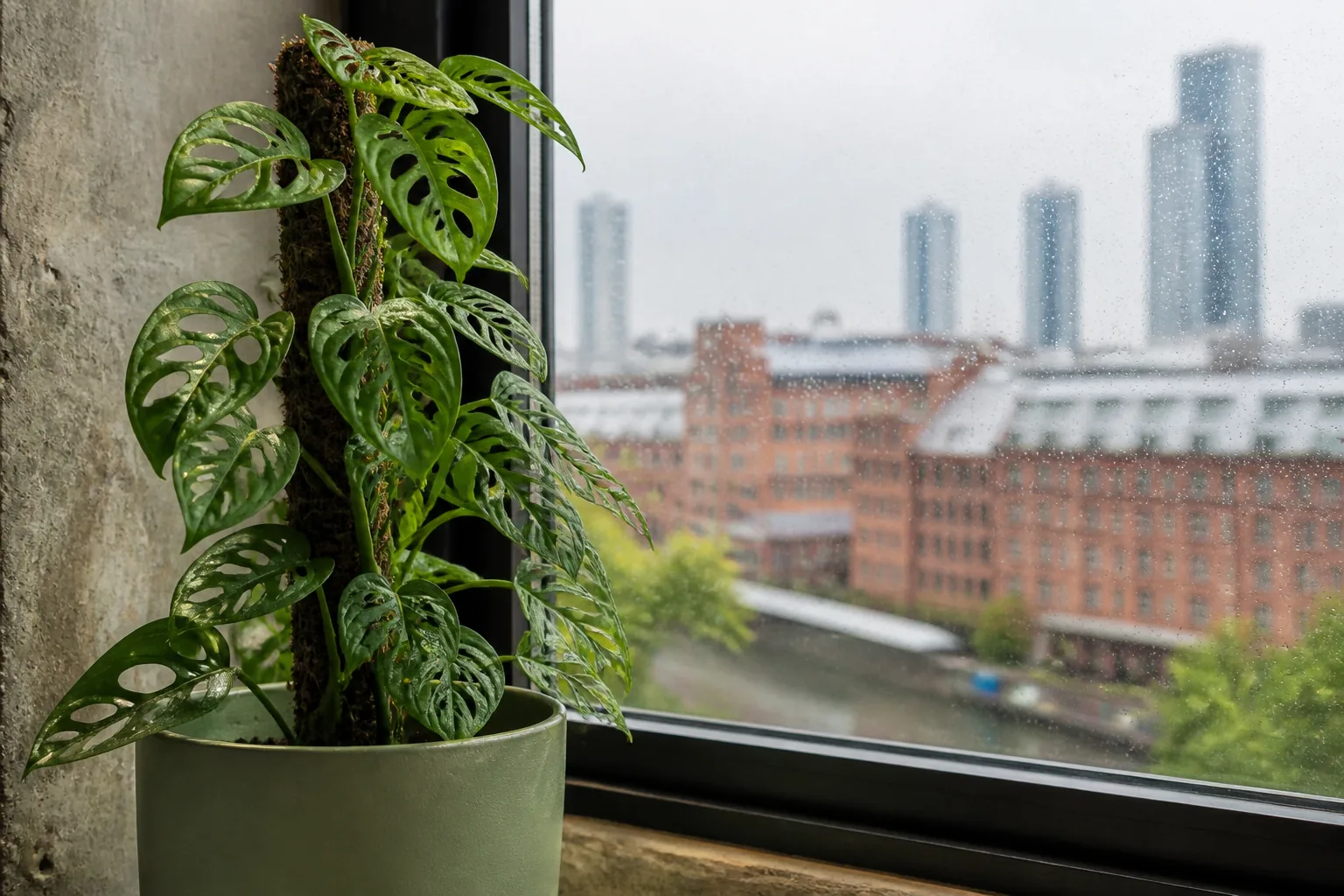 Monstera adansonii climbing beside a bright filtered window in Manchester