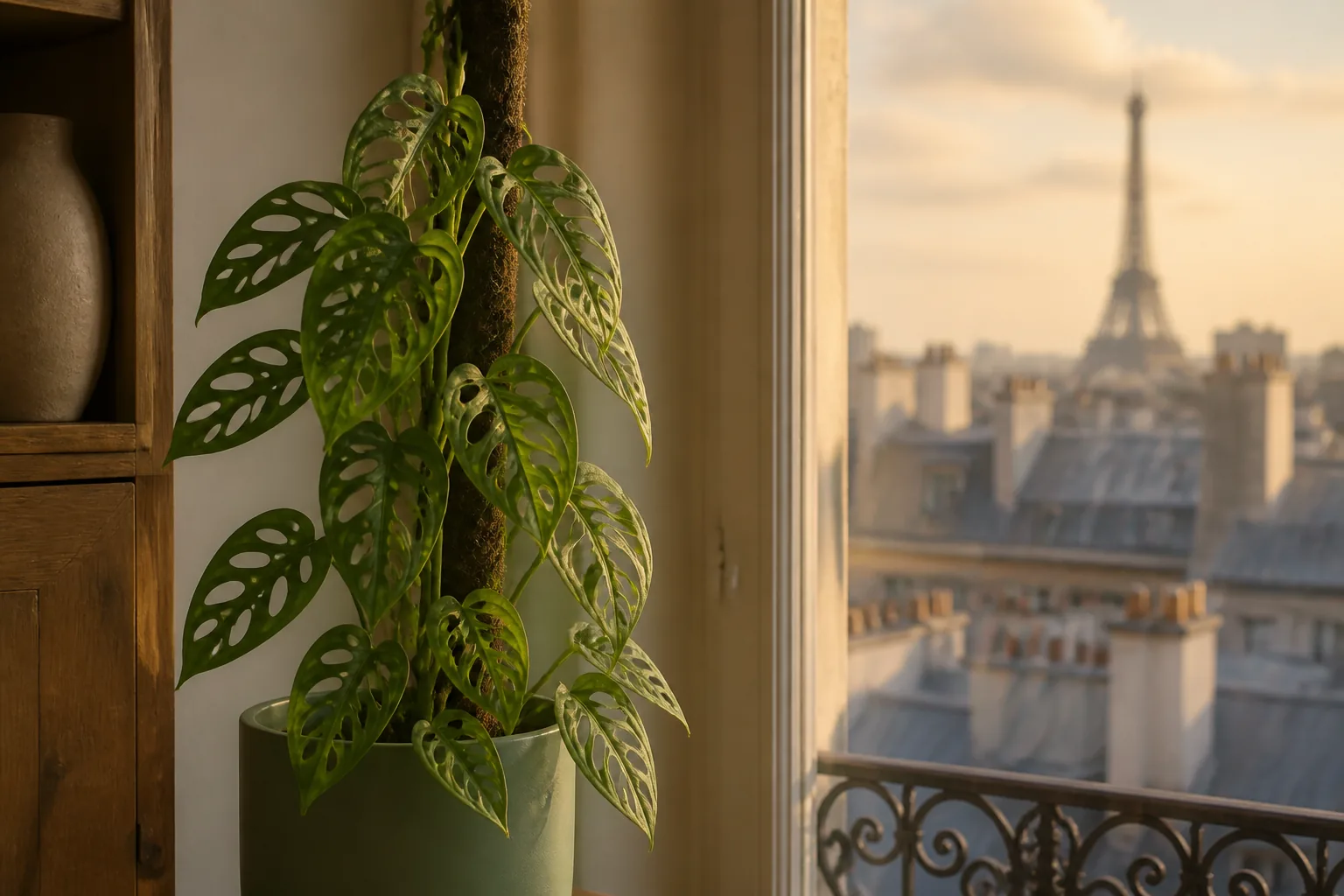 Monstera adansonii climbing beside a bright filtered window in Paris