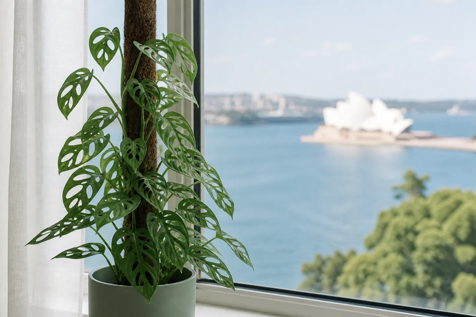 Monstera adansonii climbing beside a bright filtered window in Sydney