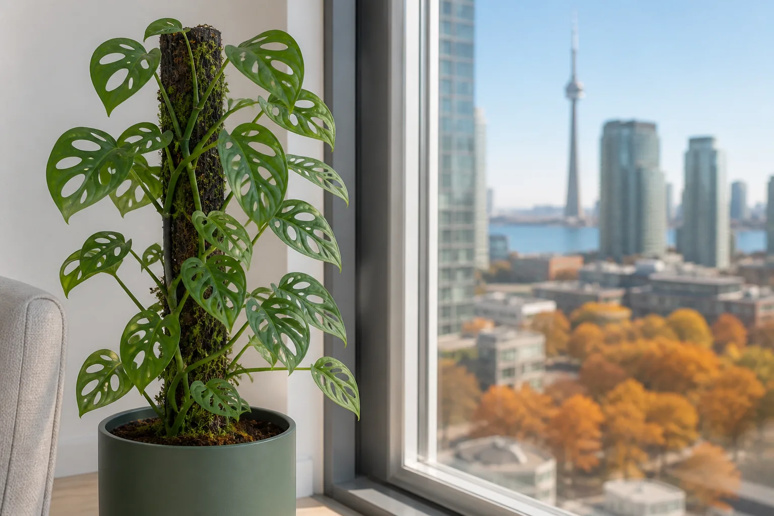 Monstera adansonii climbing beside a bright filtered window in Toronto