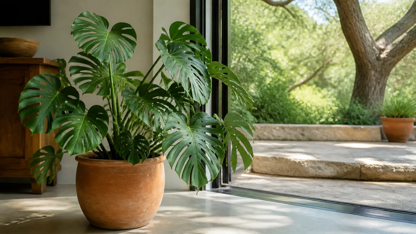 Monstera deliciosa growing indoors by a window in Austin