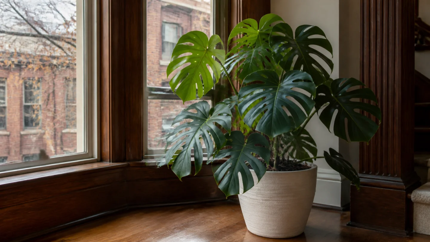 Monstera deliciosa growing indoors by a window in Boston