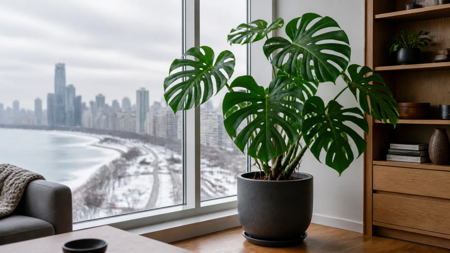 Monstera deliciosa growing indoors by a window in Chicago