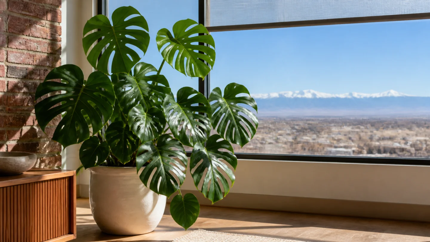 Monstera deliciosa growing indoors by a window in Denver