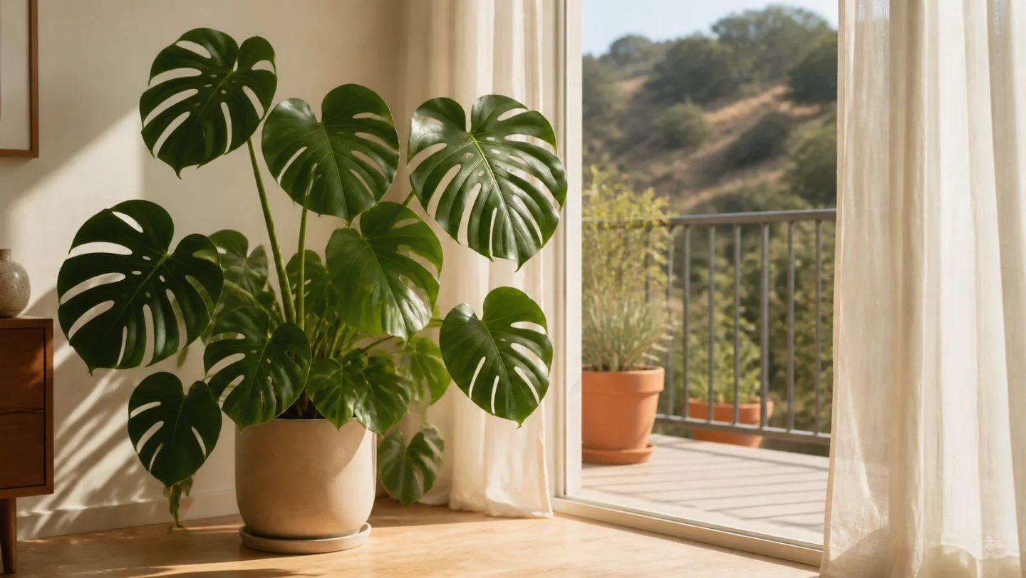 Monstera deliciosa growing indoors by a window in Los Angeles