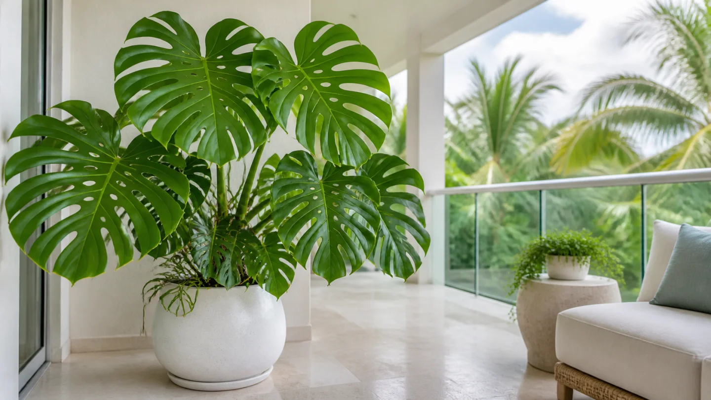 Monstera deliciosa growing indoors by a window in Miami