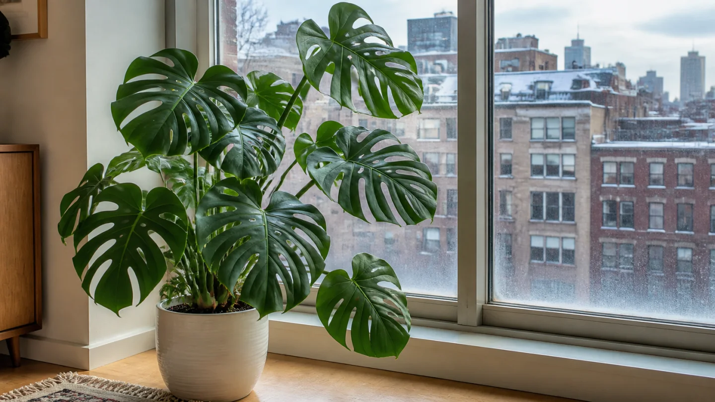 Monstera deliciosa growing indoors by a window in New York City