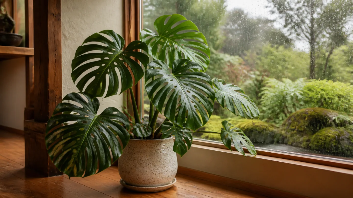 Monstera deliciosa growing indoors by a window in Portland