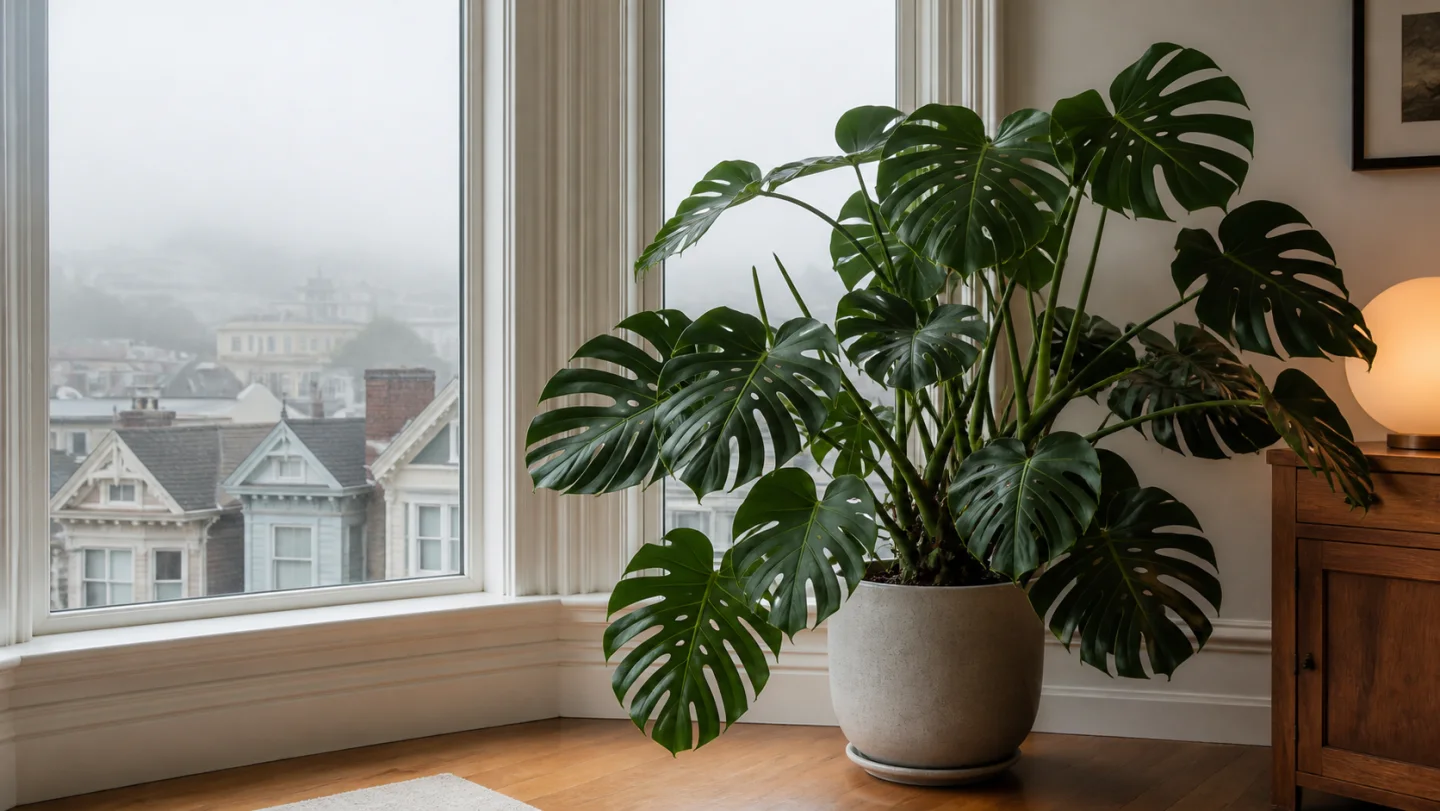 Monstera deliciosa growing indoors by a window in San Francisco