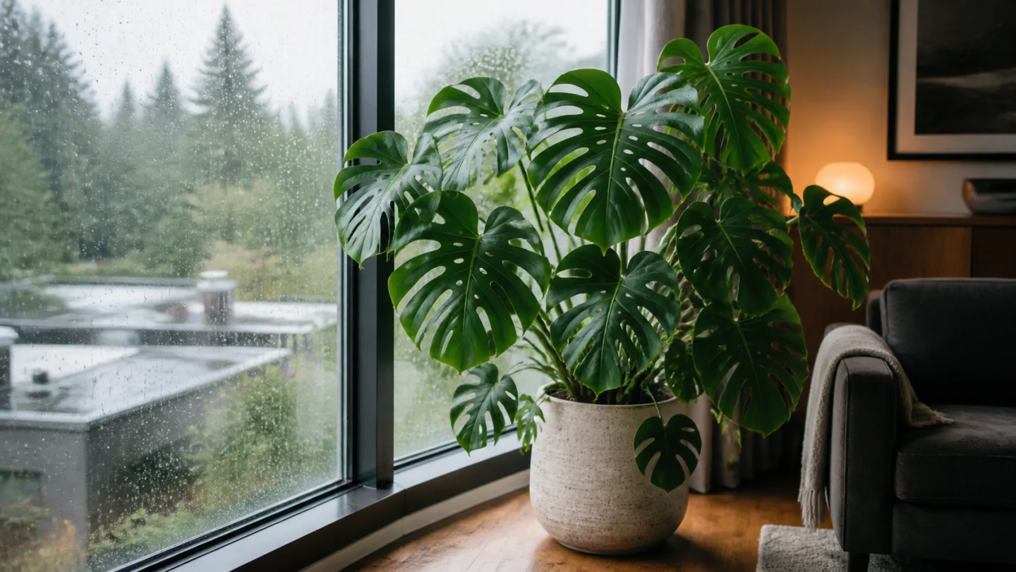 Monstera deliciosa growing indoors by a window in Seattle