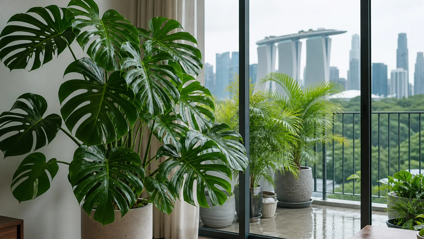 Monstera deliciosa growing indoors by a window in Singapore