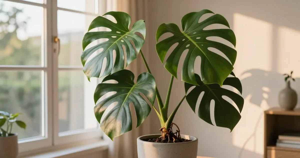 Monstera plant with drooping leaves in a terracotta pot