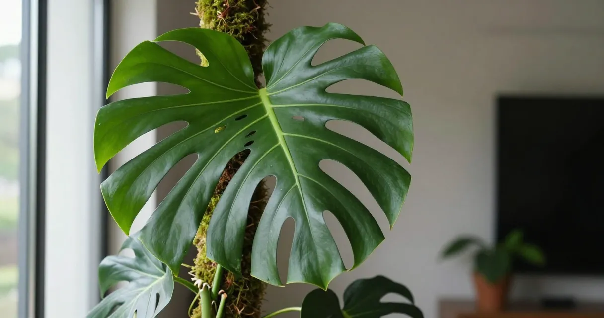 Monstera Peru care guide showing textured green leaves on a climbing support