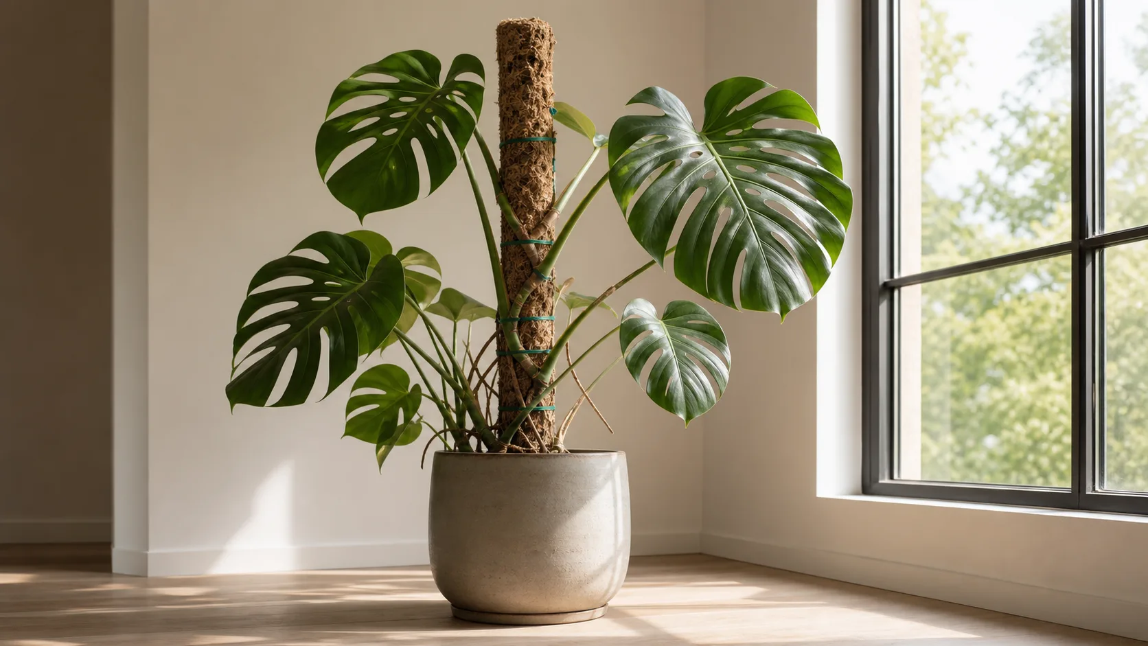 Monstera deliciosa trained onto a moss pole with aerial roots attaching to the support