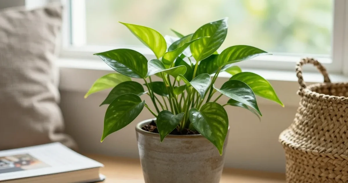 Neon pothos with bright chartreuse leaves trailing from a hanging basket near a window