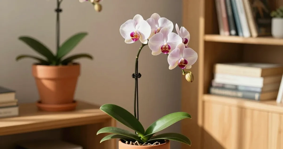 Phalaenopsis orchid after blooming, with bare spike and healthy green leaves