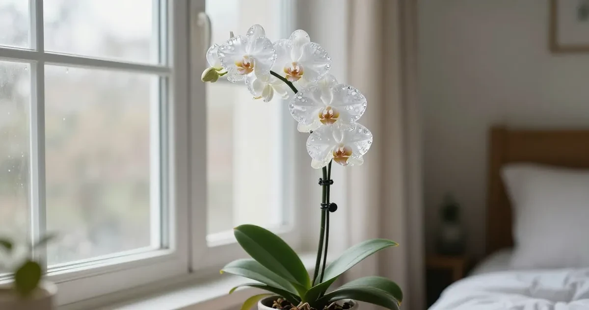 Orchid in a clear pot showing roots next to ice cubes