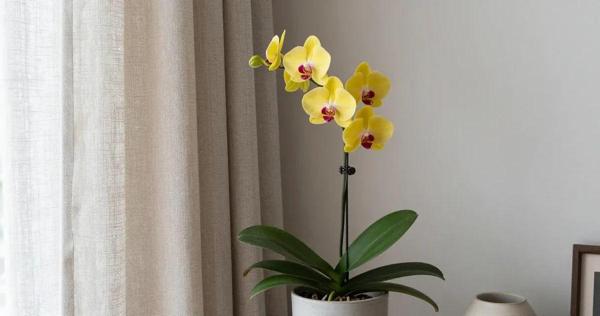 Orchid with yellowing lower leaf next to healthy green leaves