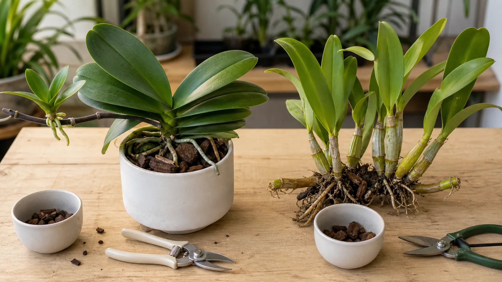 A healthy orchid keiki and a sympodial orchid with pseudobulbs ready for division