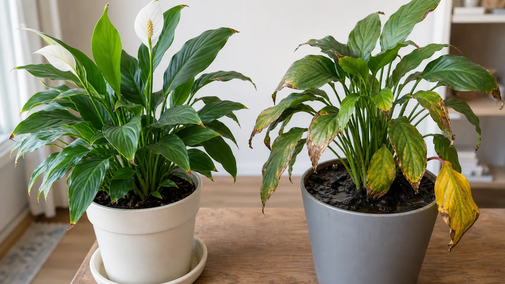 Peace lily with brown tips at the ends of its green leaves