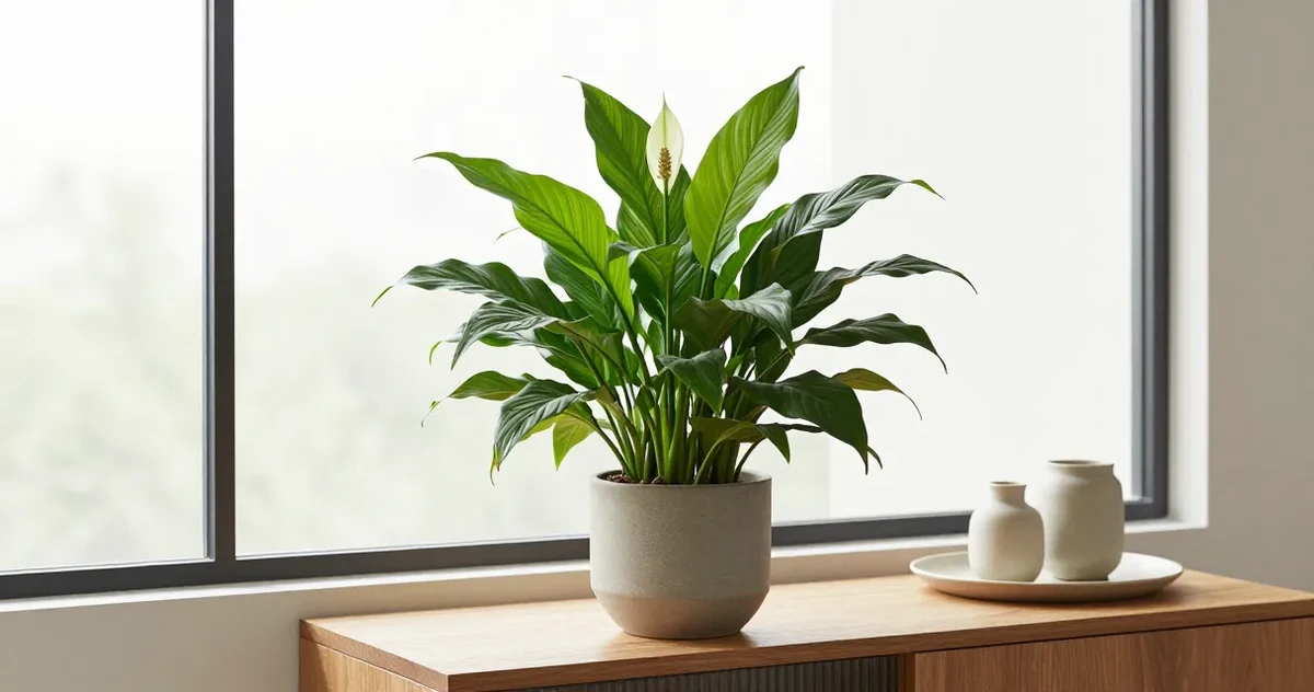 Peace lily with white spathes growing indoors in a bright room