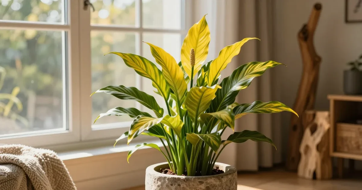 Peace lily with yellowing leaves in an indoor pot