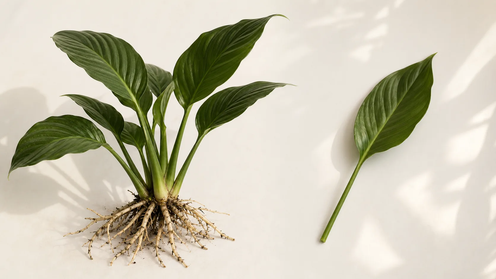 Peace lily crowns separated with healthy roots attached
