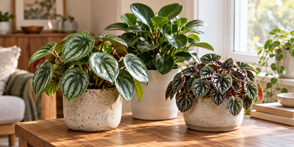 Watermelon, baby rubber, and ripple peperomia plants in three neutral pots on a wooden table