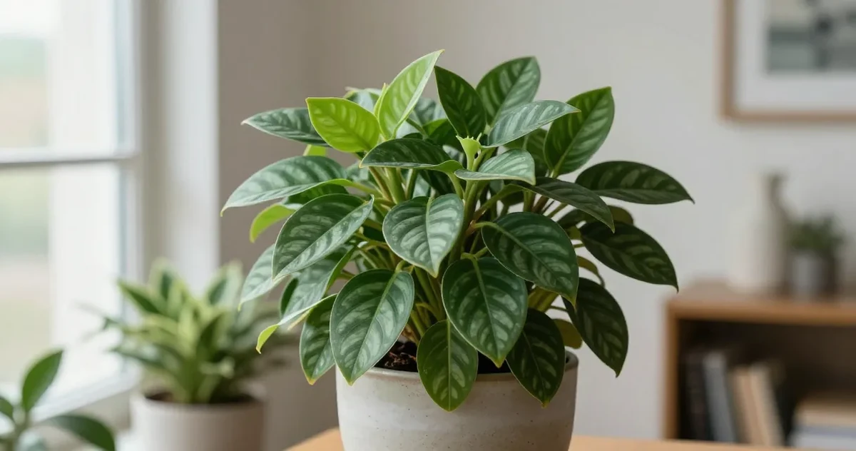 Several peperomia varieties arranged on a shelf showing different leaf shapes and textures