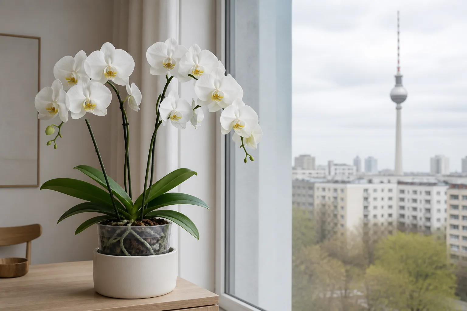 White Phalaenopsis amabilis orchid blooming beside a filtered window in Berlin