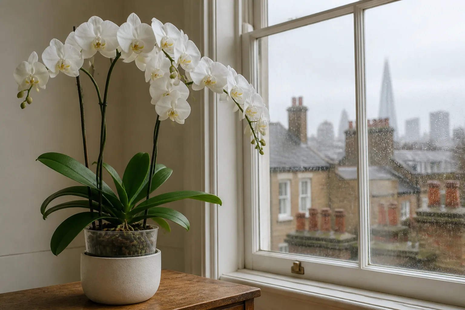 White Phalaenopsis amabilis orchid blooming beside a filtered window in London