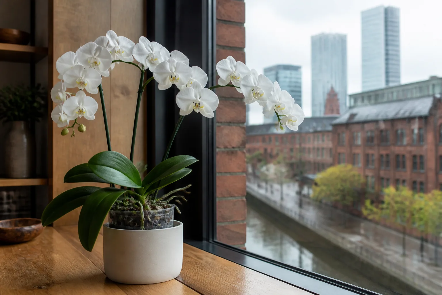 White Phalaenopsis amabilis orchid blooming beside a filtered window in Manchester