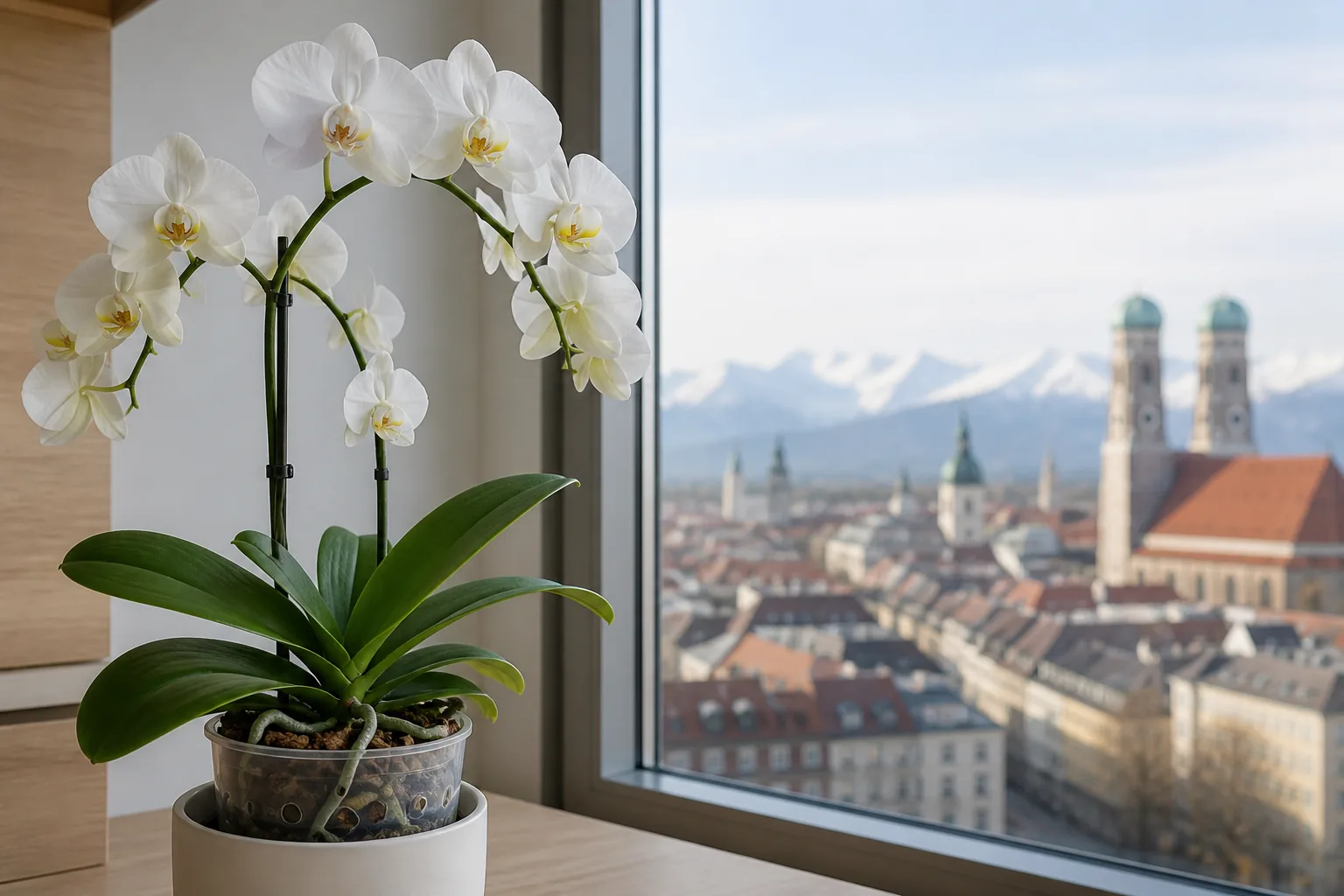 White Phalaenopsis amabilis orchid blooming beside a filtered window in Munich