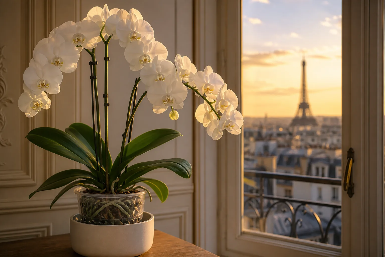 White Phalaenopsis amabilis orchid blooming beside a filtered window in Paris