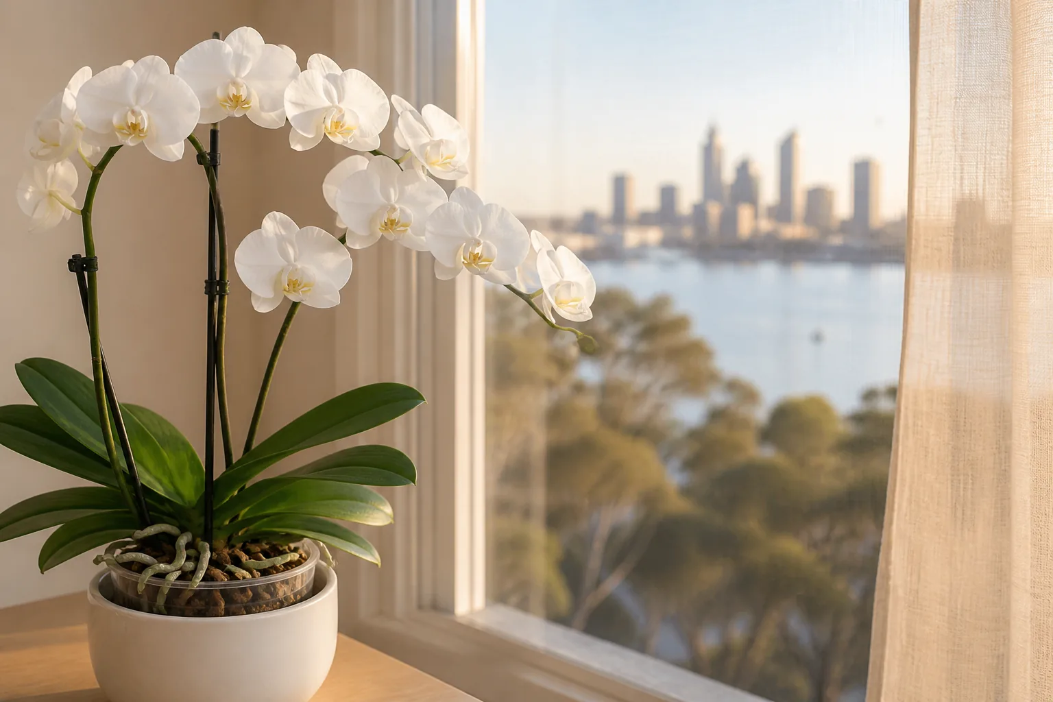 White Phalaenopsis amabilis orchid blooming beside a filtered window in Perth