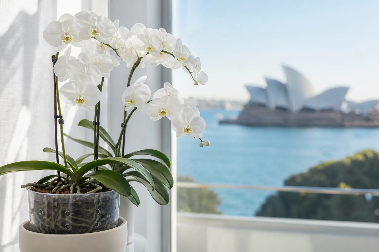 White Phalaenopsis amabilis orchid blooming beside a filtered window in Sydney