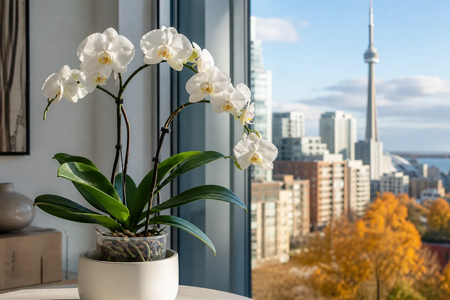 White Phalaenopsis amabilis orchid blooming beside a filtered window in Toronto