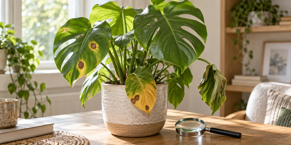 Houseplant with spotted, yellowing, and wilted leaves beside a magnifying glass