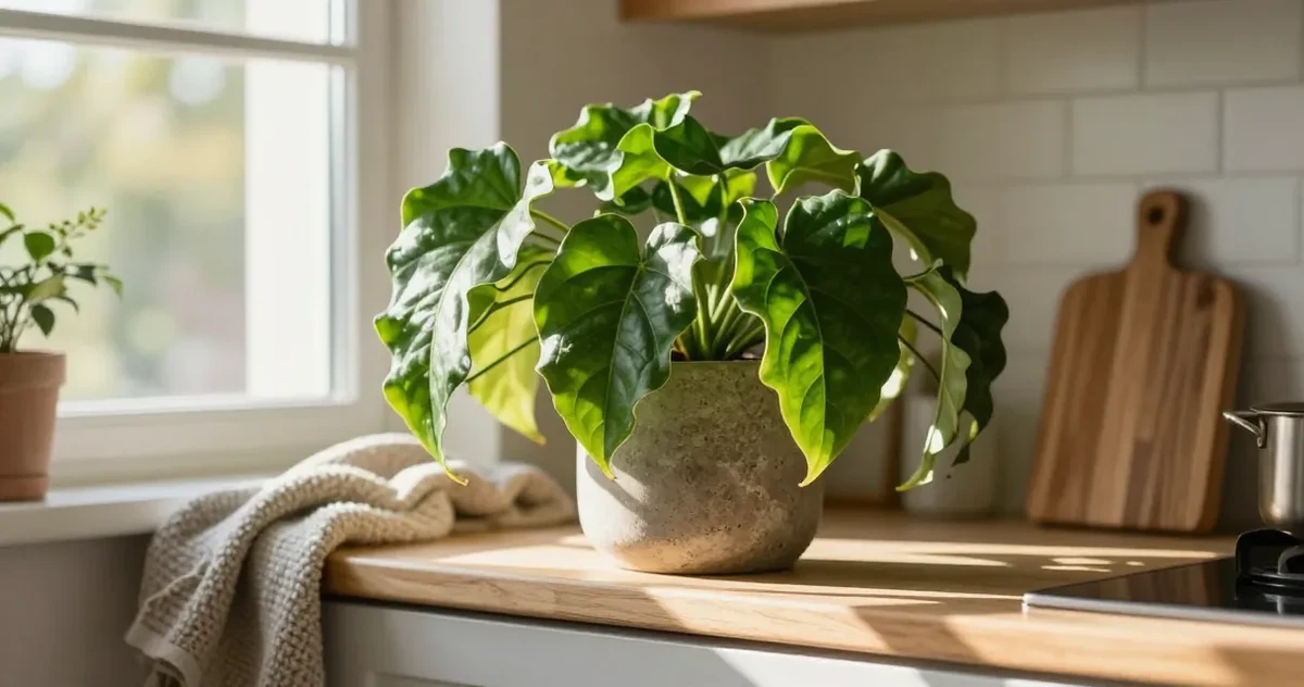 Houseplant with curling leaves on a wooden surface