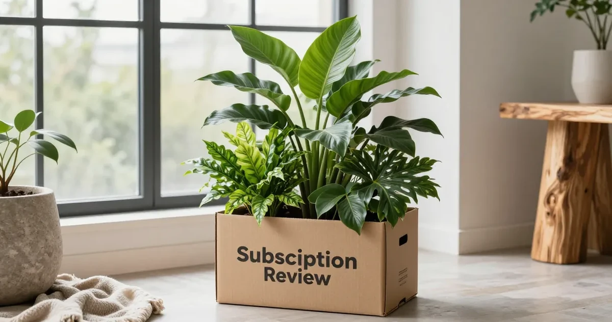 A plant subscription box open on a table with a healthy green houseplant packed in moss and cardboard
